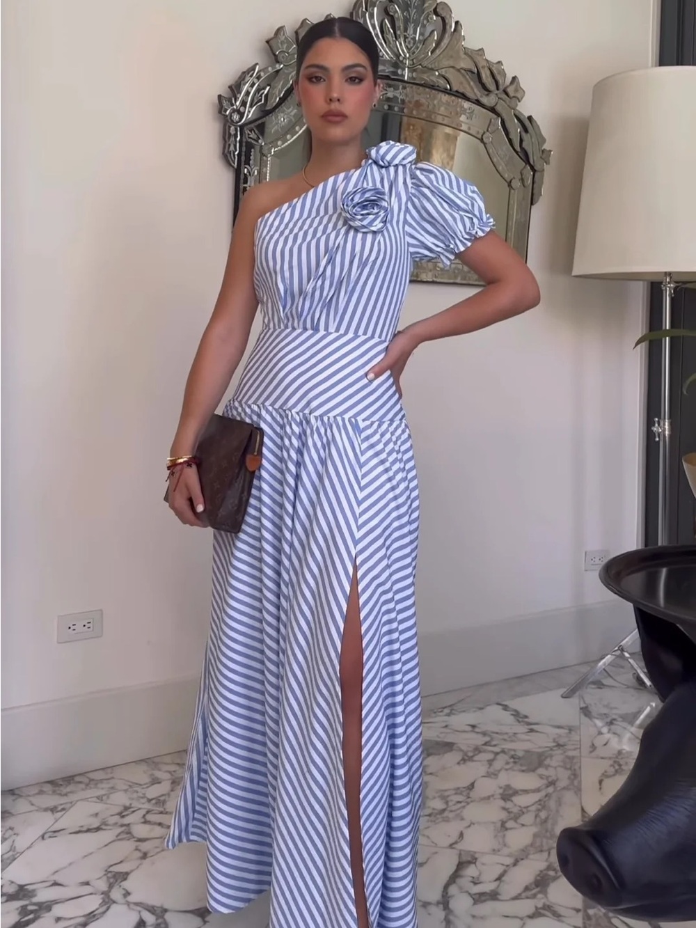 Striped One-Shoulder Blue and White Maxi Dress with Side Slit
